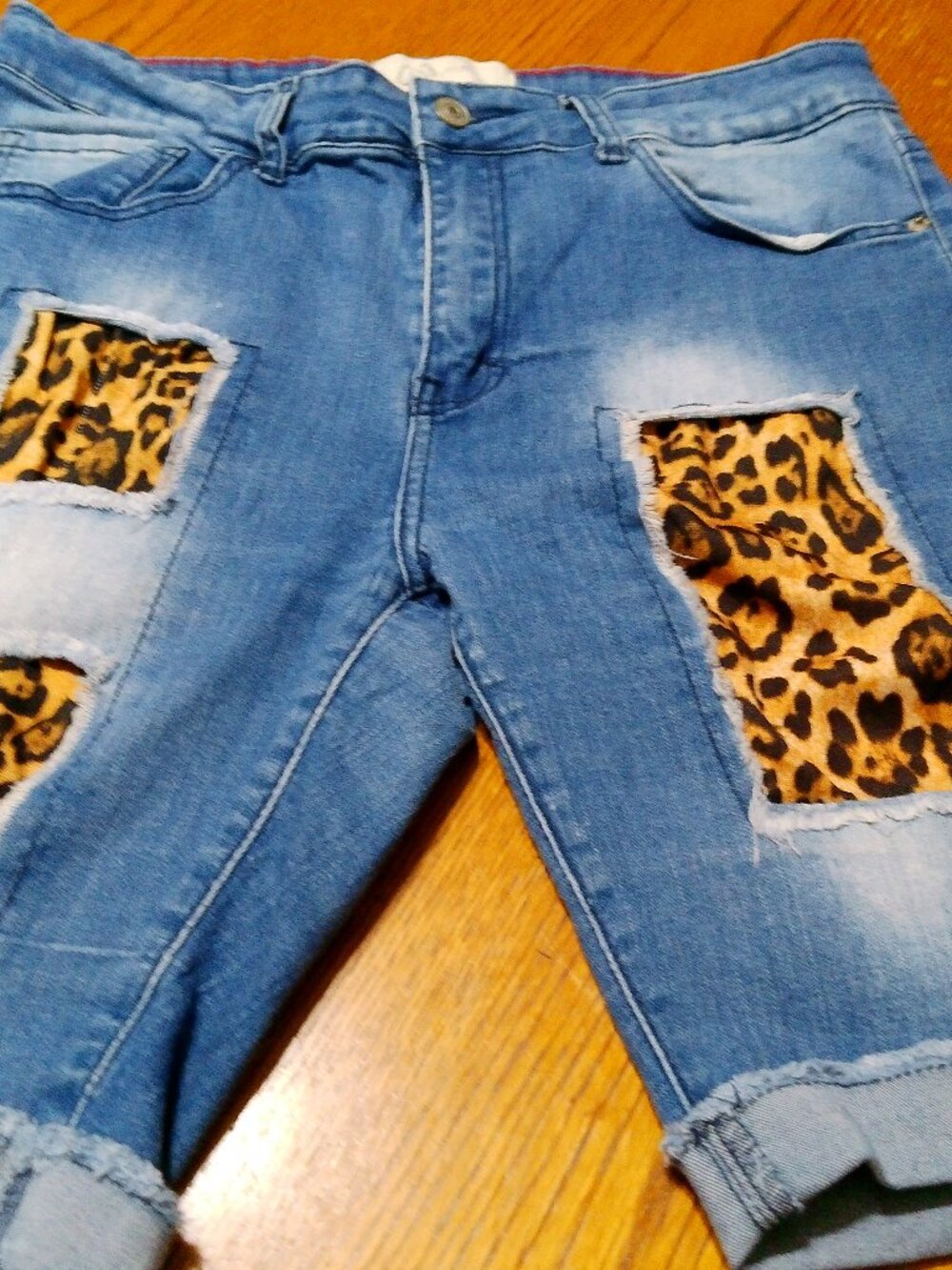 L&B Blue Denim Bermuda Shorts with Leopard Patch